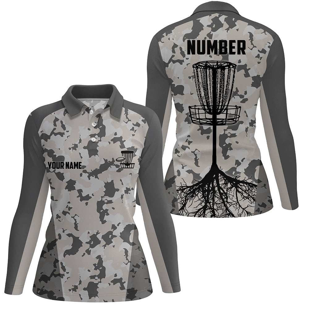 Disc golfing grey camo Womens disc golf polo shirts custom team disc golf attire, disc golf jerseys NQS6952