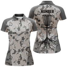 Load image into Gallery viewer, Disc golfing grey camo Womens disc golf polo shirts custom team disc golf attire, disc golf jerseys NQS6952