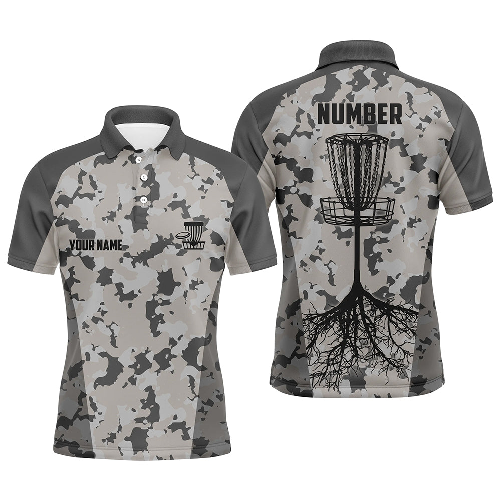 Disc golfing grey camo Mens disc golf polo shirts custom team disc golf attire, disc golf jerseys NQS6952