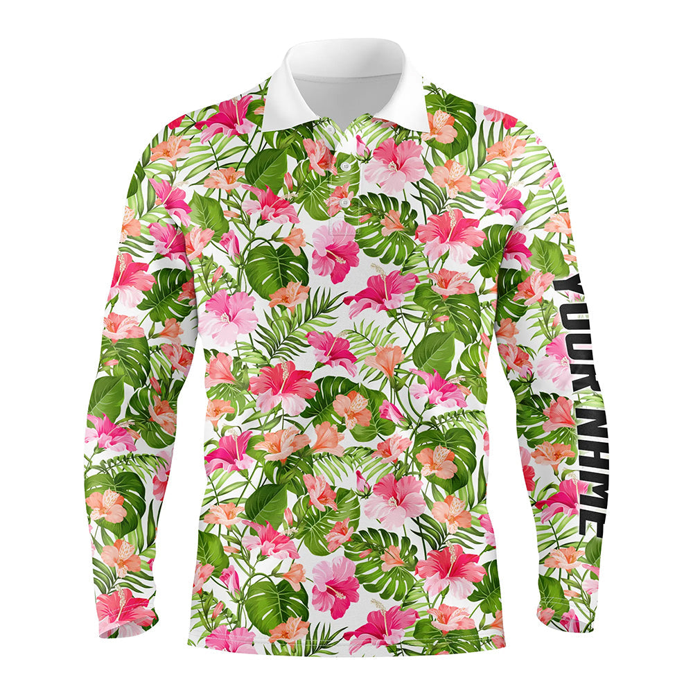 Mens golf polos shirts custom blooming hibiscus and palm pattern golf tops for mens NQS7129
