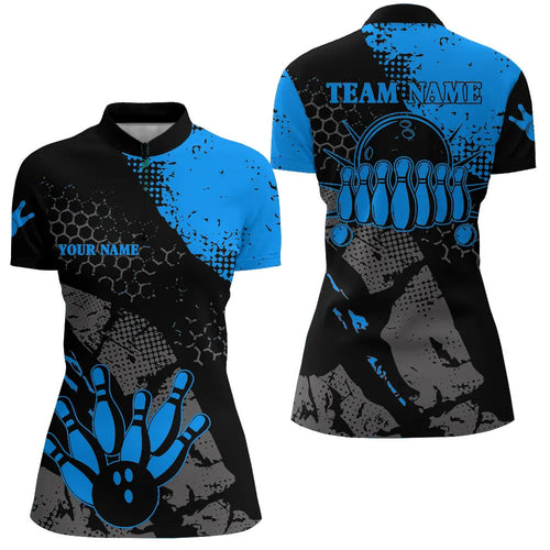 Black and blue Womens bowling Quarter Zip shirt Custom retro bowling ball pins bowling team jerseys NQS6314