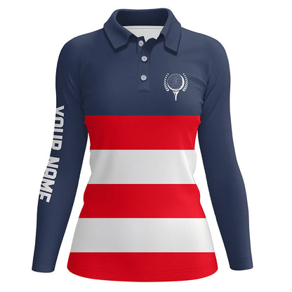 Red, white and blue stripe custom name Womens golf polos shirts, patriot women's golf attire  NQS7135