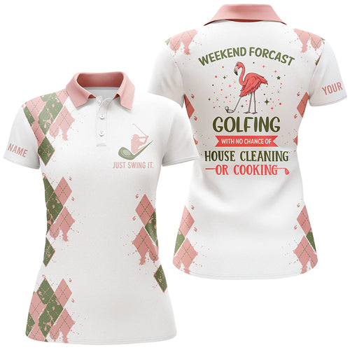 Funny flamingo Womens golf polos shirts custom name weekend forecast golfing with no cleaning cooking NQS5154