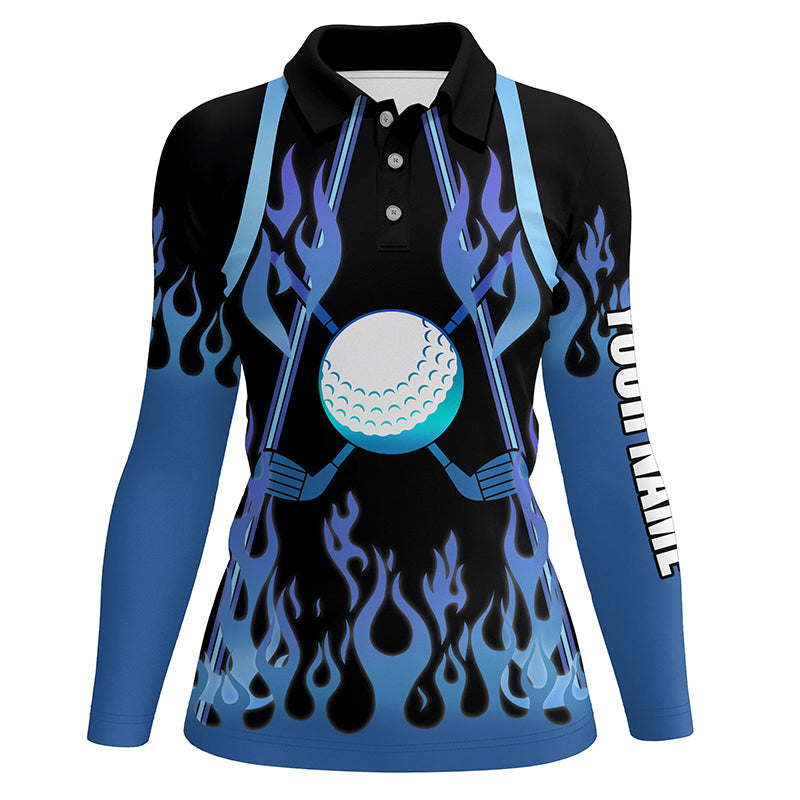 Women golf polo shirts blue fire pattern golf clubs shirt for ladies, personalized golf gifts NQS6994