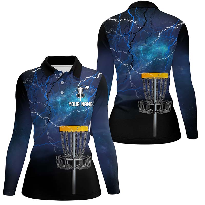 Womens disc golf polo shirt custom blue lightning thunder disc golf shirt, ladies disc golf tops NQS7142