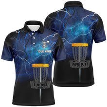Load image into Gallery viewer, Mens disc golf polo shirt custom blue lightning thunder disc golf shirt, mens disc golf tops NQS7142