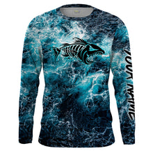 Load image into Gallery viewer, Custom blue ocean fish bone Saltwater Long sleeve Fishing Shirts UV Protection, Sea wave camo Fishing Shirts - NQS2068