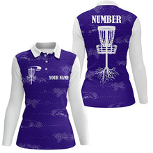Load image into Gallery viewer, Purple and white Womens disc golf polo shirt custom disc golf basket, personalized disc golf gifts NQS7252