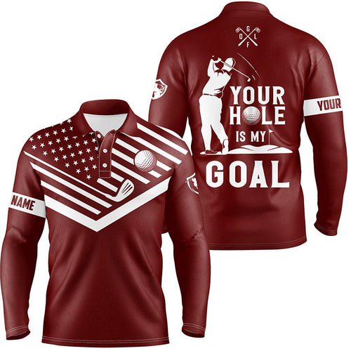 Mens golf polo shirt white American flag custom your hole is my goal funny golf team shirt | Red NQS7008