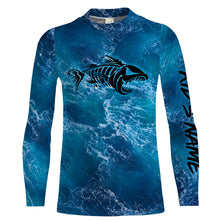 Load image into Gallery viewer, Custom blue ocean fish bone Saltwater Long sleeve Fishing Shirts UV Protection, Sea wave camo Fishing Shirts - NQS2079