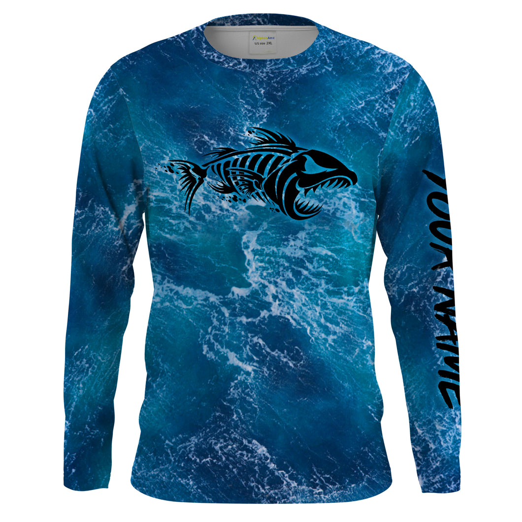 Custom blue ocean fish bone Saltwater Long sleeve Fishing Shirts UV Protection, Sea wave camo Fishing Shirts - NQS2079