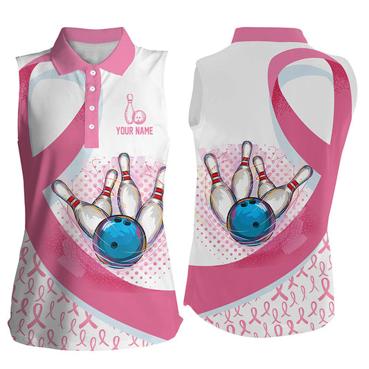 Women sleeveless polo Custom Pink Ribbon bowling ball pins Breast Cancer Awareness bowling jerseys NQS6338