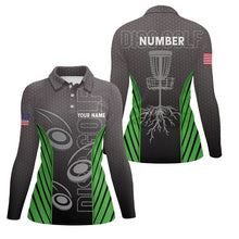 Load image into Gallery viewer, Womens disc golf polo shirt custom name, number camo disc golf jersey, ladies disc golf apparel| Green NQS6345