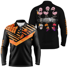 Load image into Gallery viewer, Funny black mens golf polo shirts orange American flag custom name Halloween Flamingo golf friends NQS6350