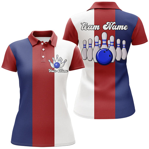Personalized Red white and blue Retro Bowling Polo shirt For women custom vintage bowling team jerseys NQS6569