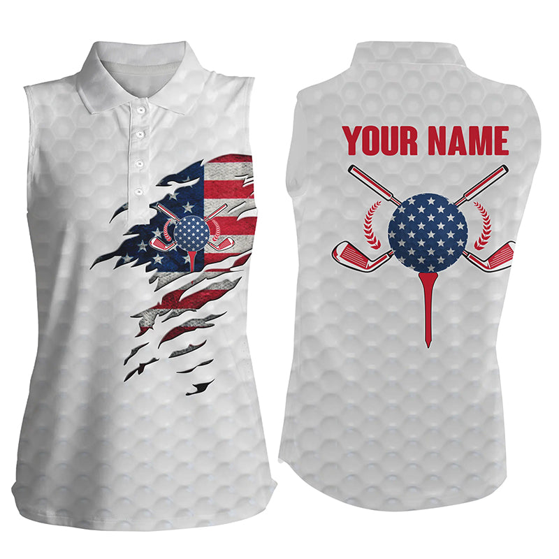 American flag white golf ball skin Womens sleeveless polo shirt custom ladies sleeveless golf shirt NQS5227