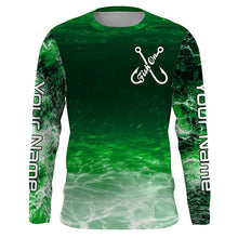 Load image into Gallery viewer, Fish on green sea water camo Custom Name performance long sleeve fishing shirts uv protection NQS7039