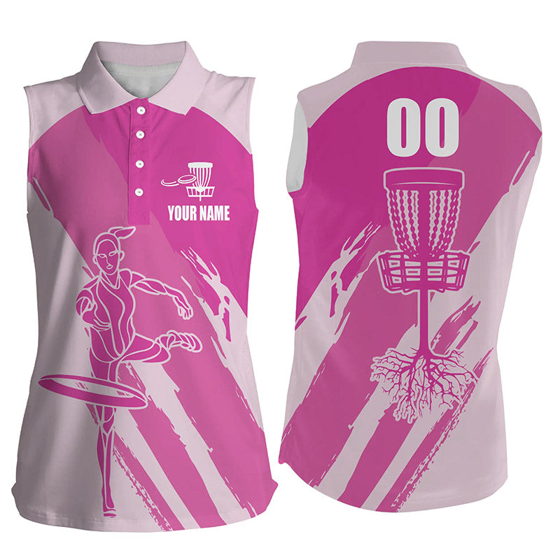 Women sleeveless polo shirt Custom name and number Disc Golfer basket, ladies disc golf shirts | Pink NQS5235