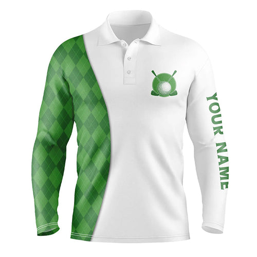White Mens golf polo shirts custom green argyle plaid pattern golf tops, best mens golf wear NQS7291