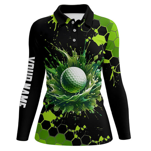 Womens golf polo shirts custom black and green watercolor ladies golf tops, gift for golf lovers NQS7292