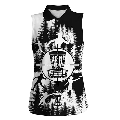 Black and white Women sleeveless disc golf polo shirt, disc golf basket disc golf shirts NQS7296