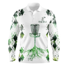 Load image into Gallery viewer, Watercolor green argyle pattern white Mens disc golf polo shirts custom disc golf disc golf shirt NQS7297