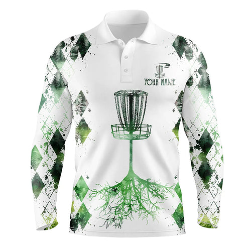 Watercolor green argyle pattern white Mens disc golf polo shirts custom disc golf disc golf shirt NQS7297