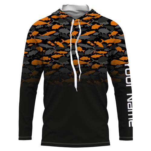 Fishing black orange camouflage UV long sleeve, hooded camo shirts Custom fishing apparel NQS2514