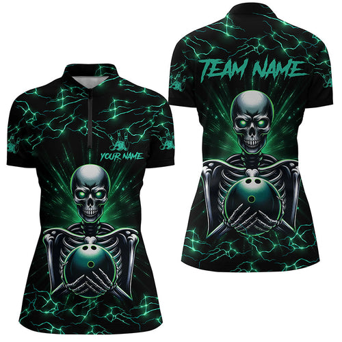 Green skull lightning bowling Quarter Zip shirt for women Custom Team bowling jersey, gift for bowlers NQS7304