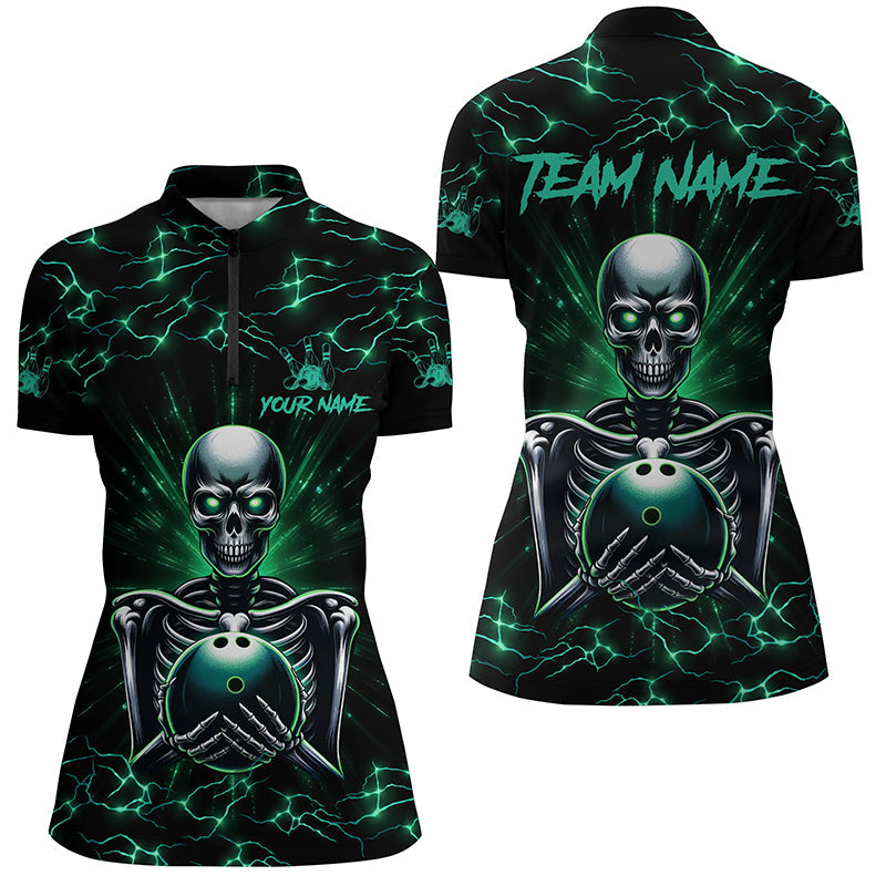 Green skull lightning bowling Quarter Zip shirt for women Custom Team bowling jersey, gift for bowlers NQS7304