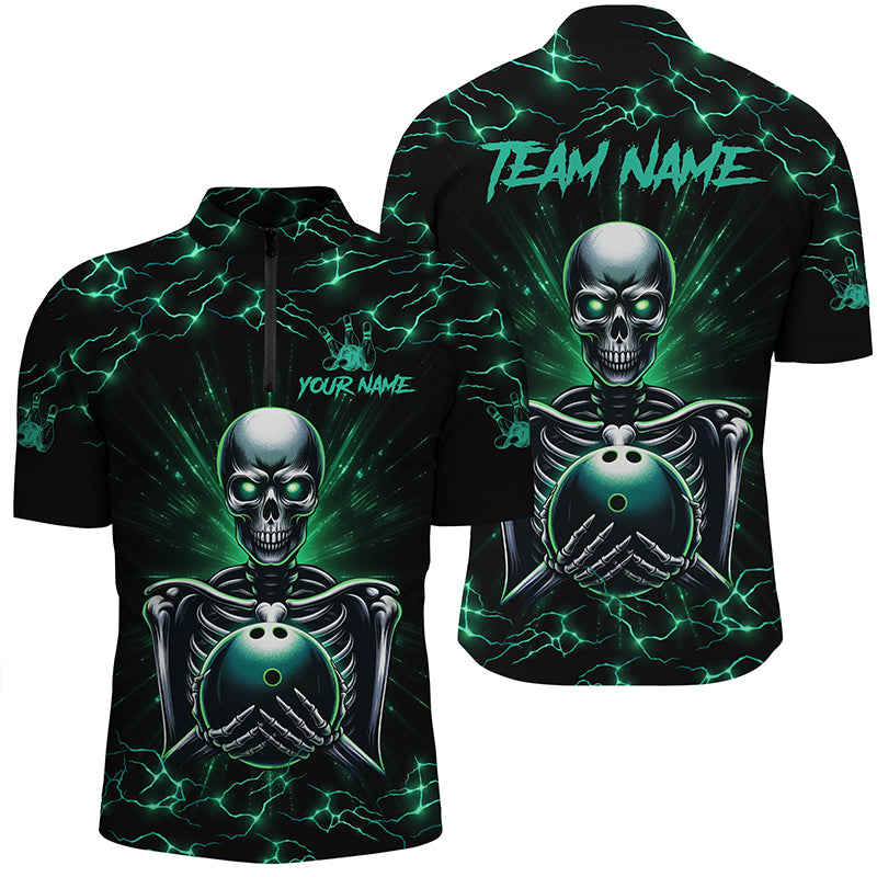 Green skull lightning bowling Quarter Zip shirts for men Custom Team bowling jerseys, gift for bowlers NQS7304