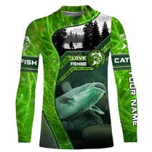Load image into Gallery viewer, Catfish Fishing shirt green water camo Custom name long sleeves fishing shirt NQS2652