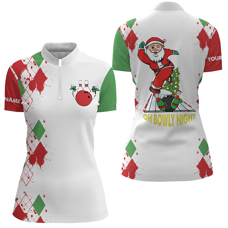Bowling Quarter Zip shirts for women custom funny Santa white Christmas bowling shirts oh bowly night NQS6883