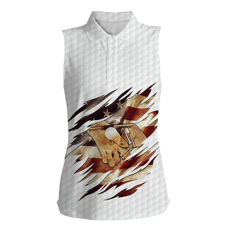 American flag Womens sleeveless polo shirt white golf ball patriot golf gifts, golf shirts for women NQS4581