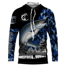 Load image into Gallery viewer, Chinook Salmon (King salmon) Fish blue camo Custom name performance anti UV long sleeve fishing shirts NQS3629
