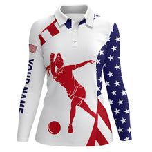 Load image into Gallery viewer, Personalized Bowling Shirt for women Custom American flag patriotic Bowler Jersey polo shirt NQS6422