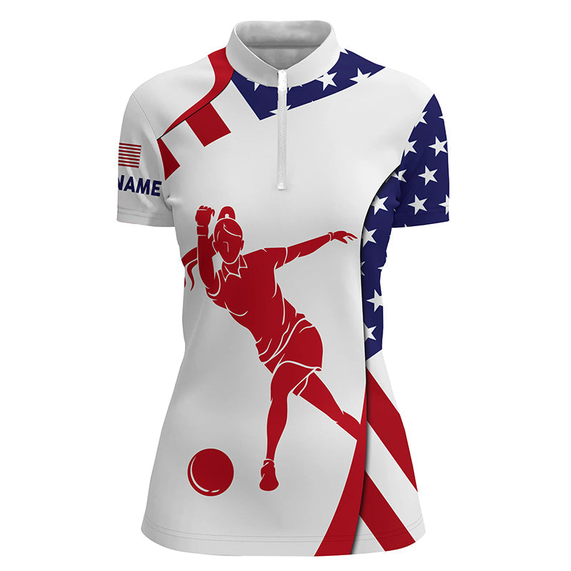 Personalized Bowling Shirt for women Custom American flag patriotic Bowler Jersey Quarter Zip shirt NQS6422