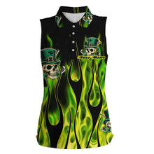 Load image into Gallery viewer, Women sleeveless polos Green clover skull St Patrick&#39;s Day golf shirts custom green fire golf apparel NQS7055