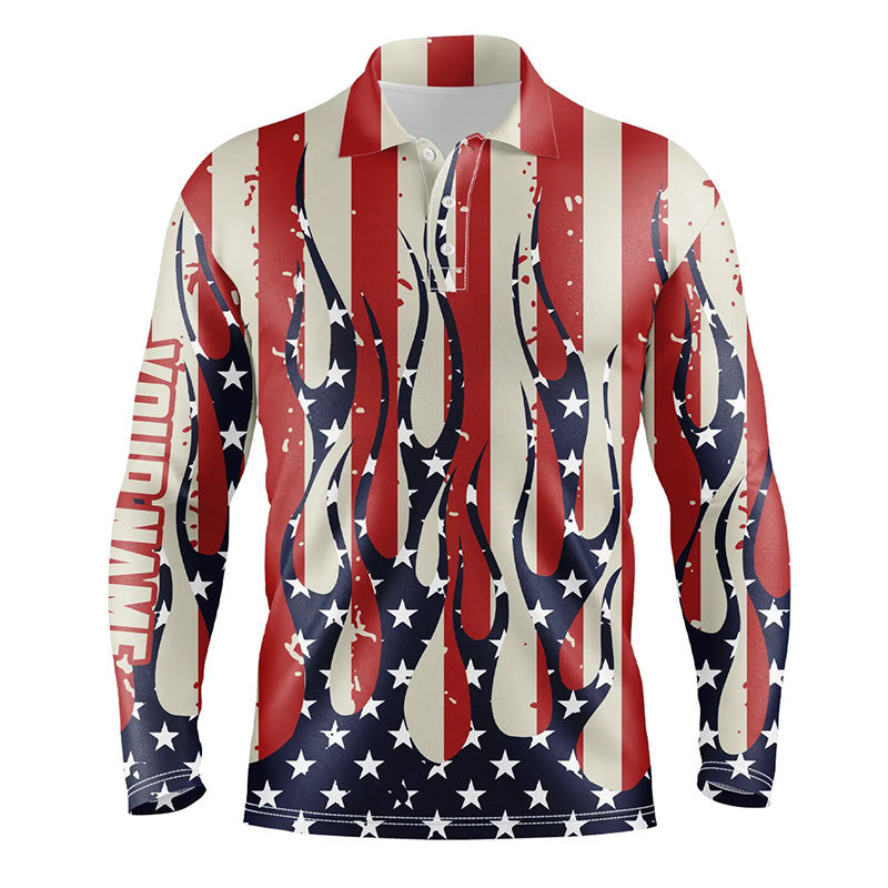 Men golf polo shirt custom American flag fire male golf attire for men, mens golf tops NQS7057