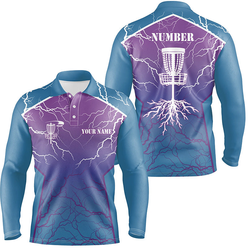 Blue & purple Mens Disc golf polo shirt lightning thunder custom disc golf jerseys, disc golf shirt NQS7318