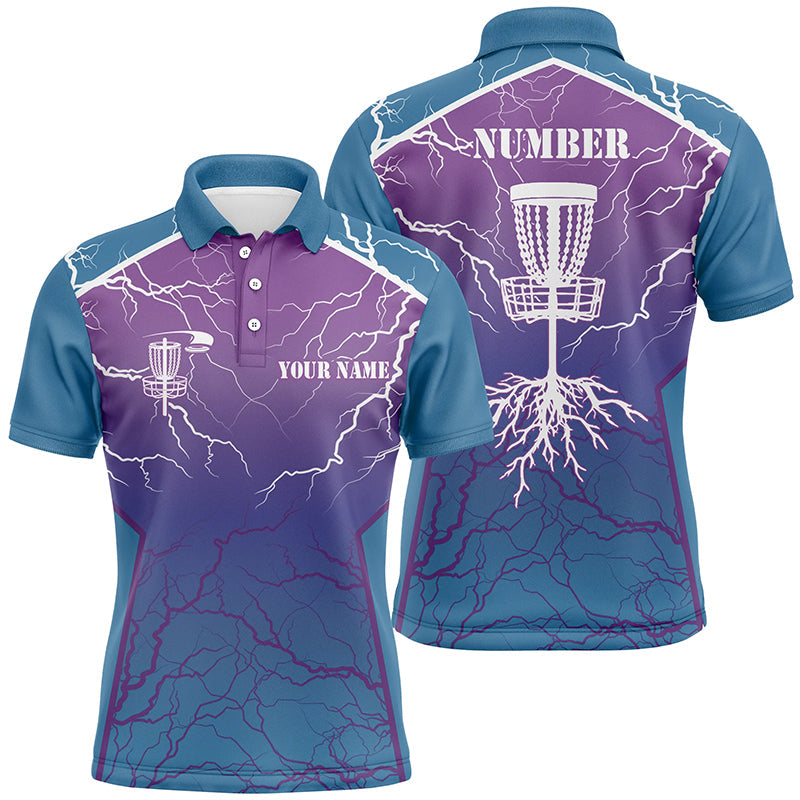 Blue & purple Mens Disc golf polo shirt lightning thunder custom disc golf jerseys, disc golf shirt NQS7318