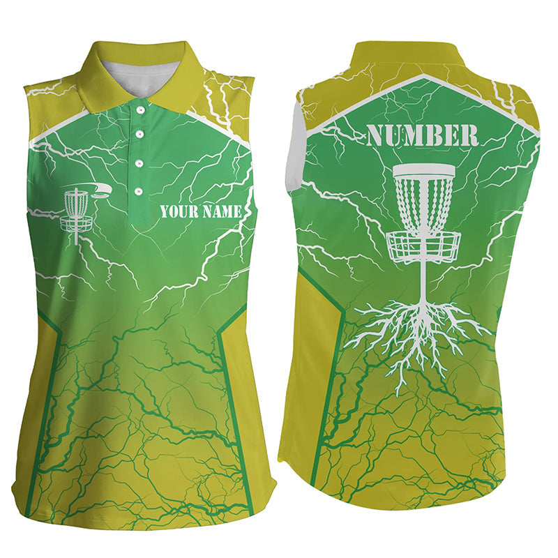 Yellow green Women sleeveless polo shirt lightning thunder custom disc golf jersey, disc golf shirt NQS7319