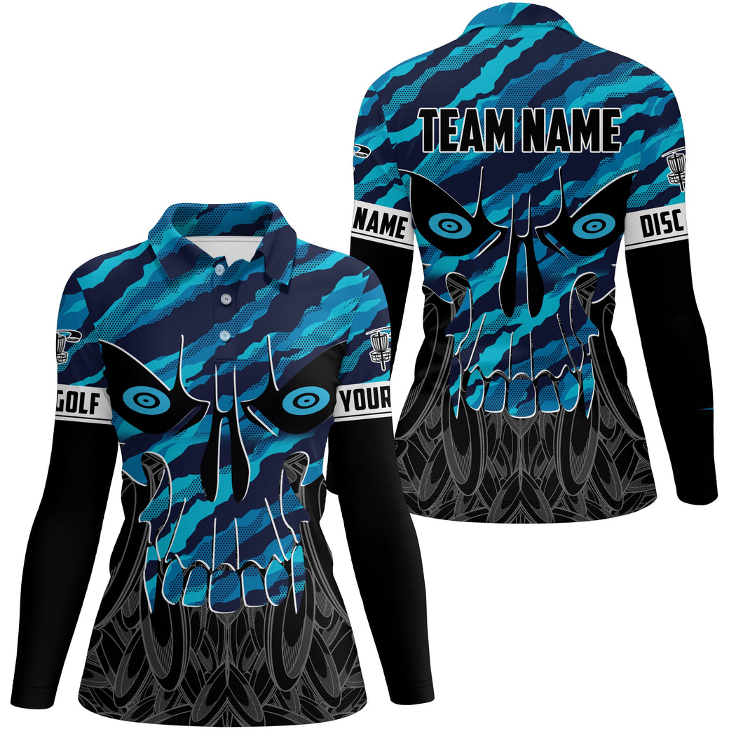 Blue camo Womens Disc golf polo shirts custom skull disc golf jerseys, disc golf shirts NQS7320