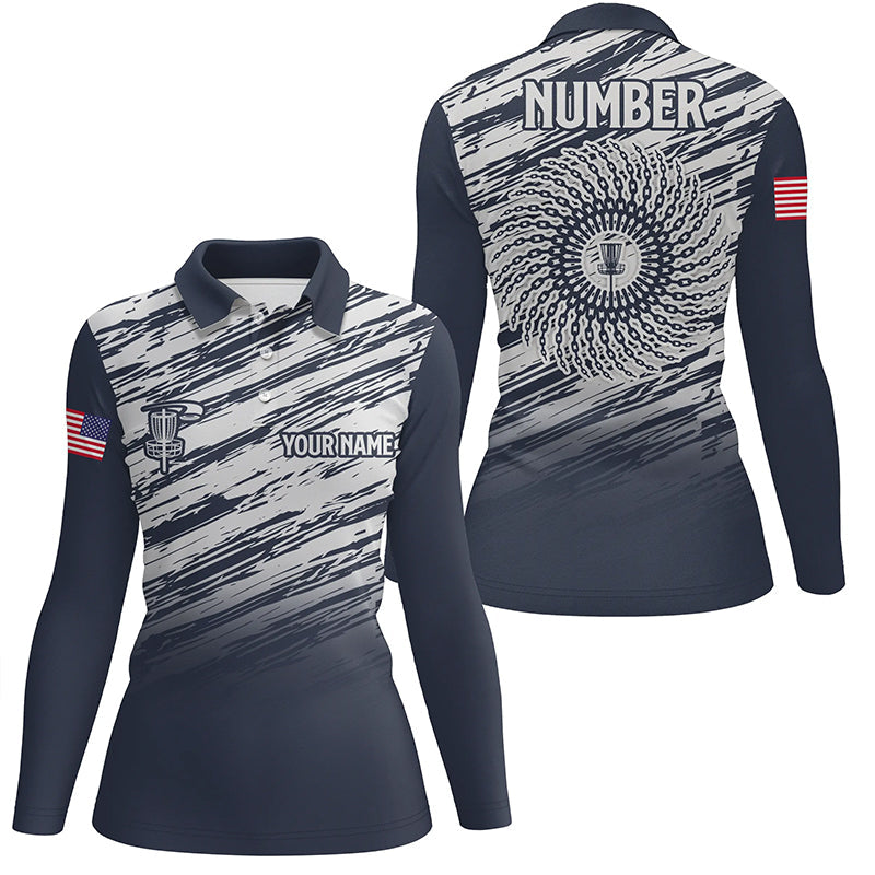 Womens disc golf polo shirt custom name, number camo disc golf jersey, ladies disc golf apparel | Blue NQS6436