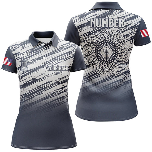 Womens disc golf polo shirt custom name, number camo disc golf jersey, ladies disc golf apparel | Blue NQS6436