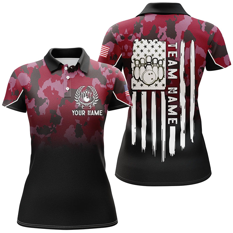 Black red camo Women bowling polo shirts Custom American flag patriotic bowling team league jerseys NQS6657