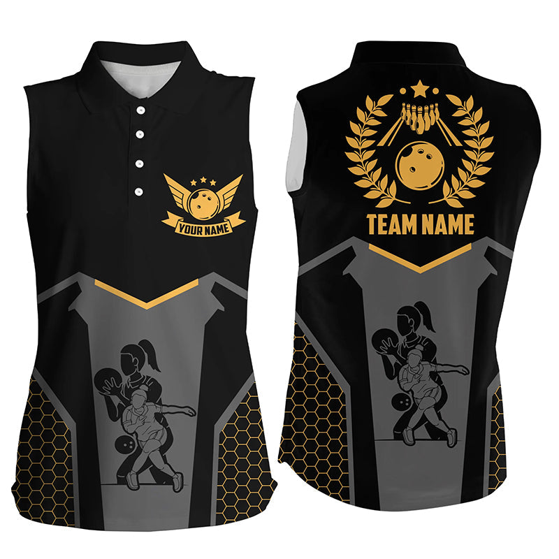 Black Bowling Jersey For Women Custom Retro Bowling Sleeveless Polo Shirt For Team Bowlers | Yellow NQS6673