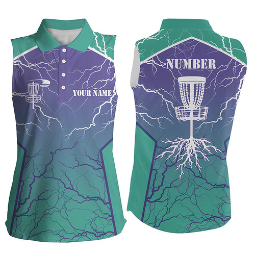 Womens sleeveless Disc golf polo shirts lightning thunder custom disc golf jerseys | Turquoise NQS6682
