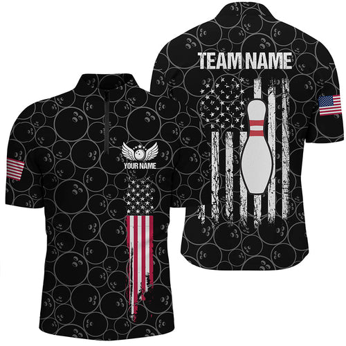 Black retro Mens Bowling Quarter-Zip Shirts Custom vintage American flag team Ladies Bowlers Jerseys NQS6705