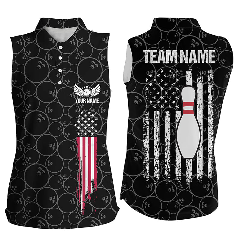 Black retro Womens Bowling sleeveless Polo Shirts Custom vintage American flag team Ladies Jerseys NQS6705